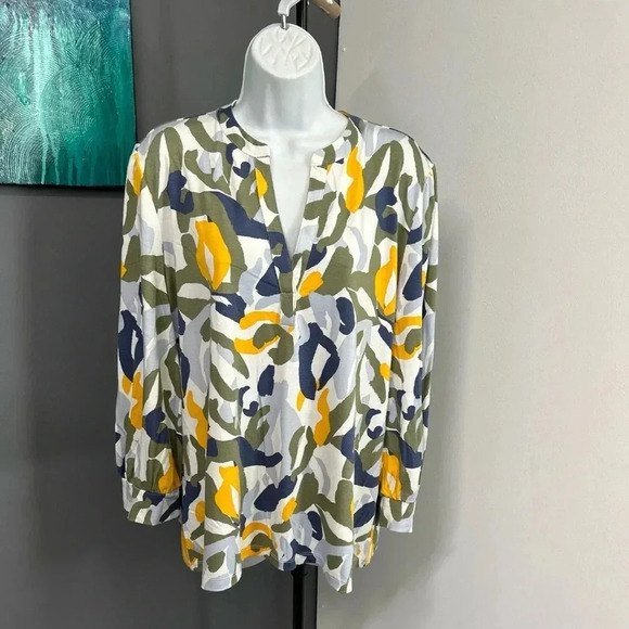 Ann Taylor Factory Womens XL Colorful Popover Top Slinky Stretch V Neck Artsy - Picture 1 of 11